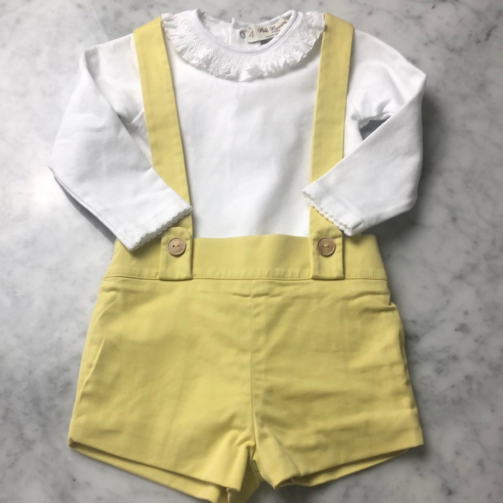 Pili Carrera SET Yellow Suspender Shorts with White Top size 12M